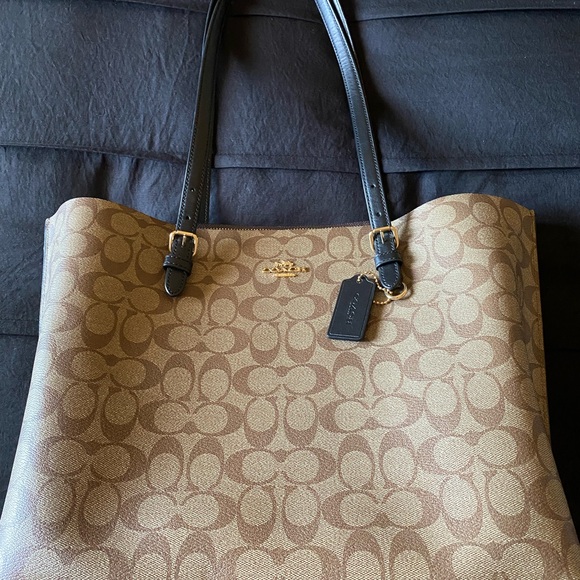 Coach Tan/Brown Signature Canvas Tote with Black Trim - Picture 2 of 5